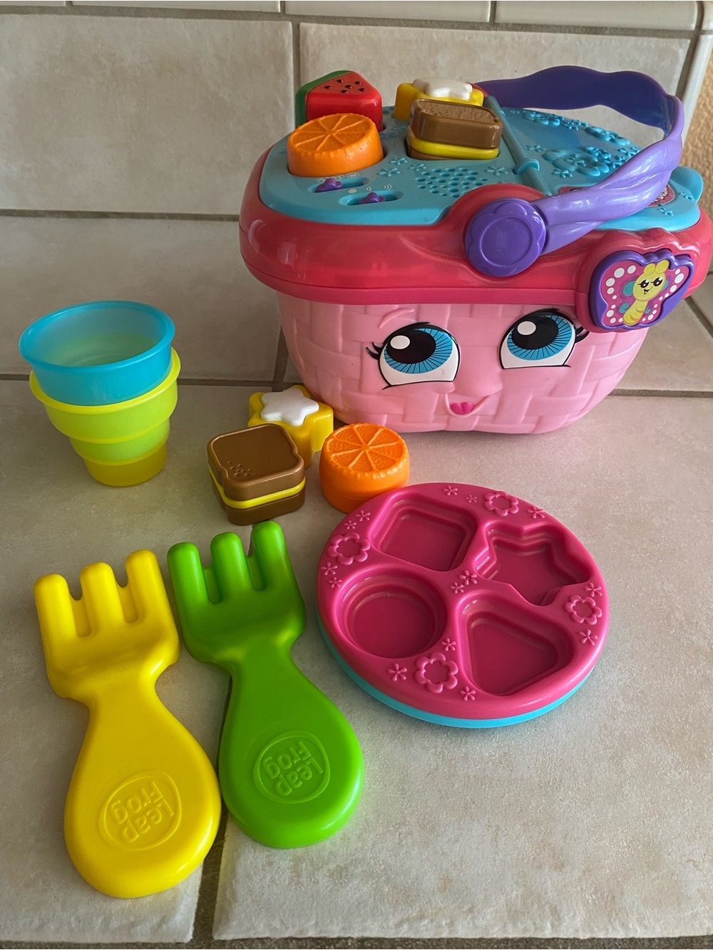 Pink Playtime Picnic Basket with Purple Handle and Assorted Accessories